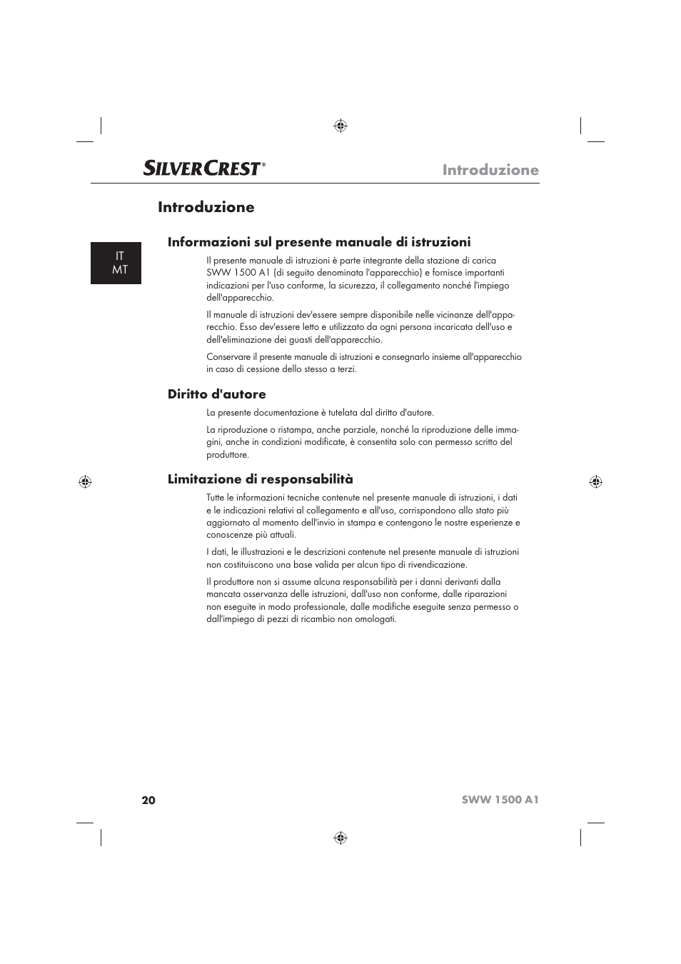 Introduzione, Informazioni sul presente manuale di istruzioni, Diritto d'autore | Limitazione di responsabilità, It mt | Silvercrest SWW 1500 A1 User Manual | Page 22 / 92