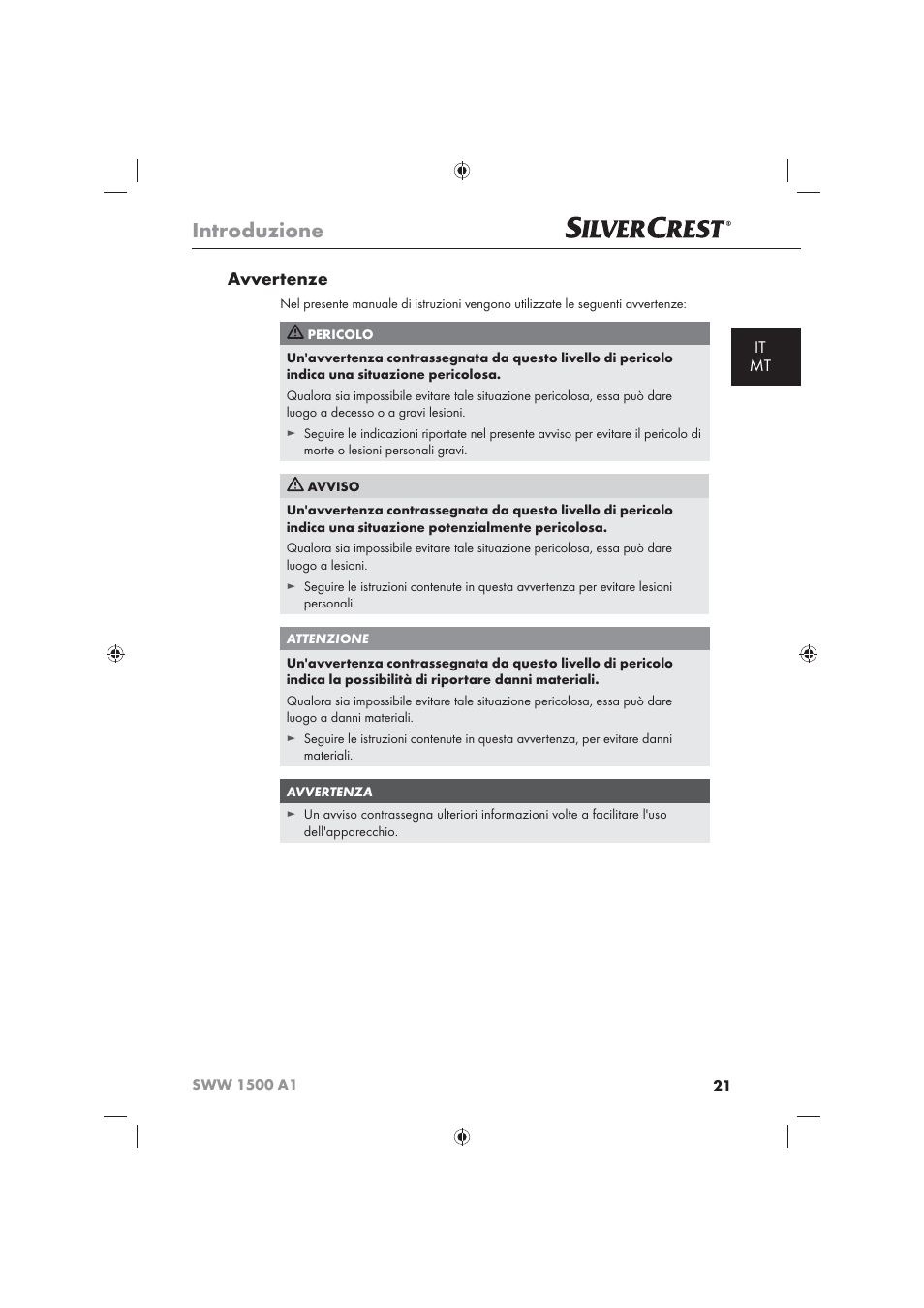 Introduzione, Avvertenze, It mt | Silvercrest SWW 1500 A1 User Manual | Page 23 / 92