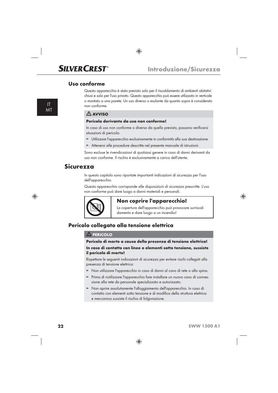 Introduzione/sicurezza, Sicurezza, Uso conforme | Non coprire l'apparecchio, Pericolo collegato alla tensione elettrica, It mt | Silvercrest SWW 1500 A1 User Manual | Page 24 / 92