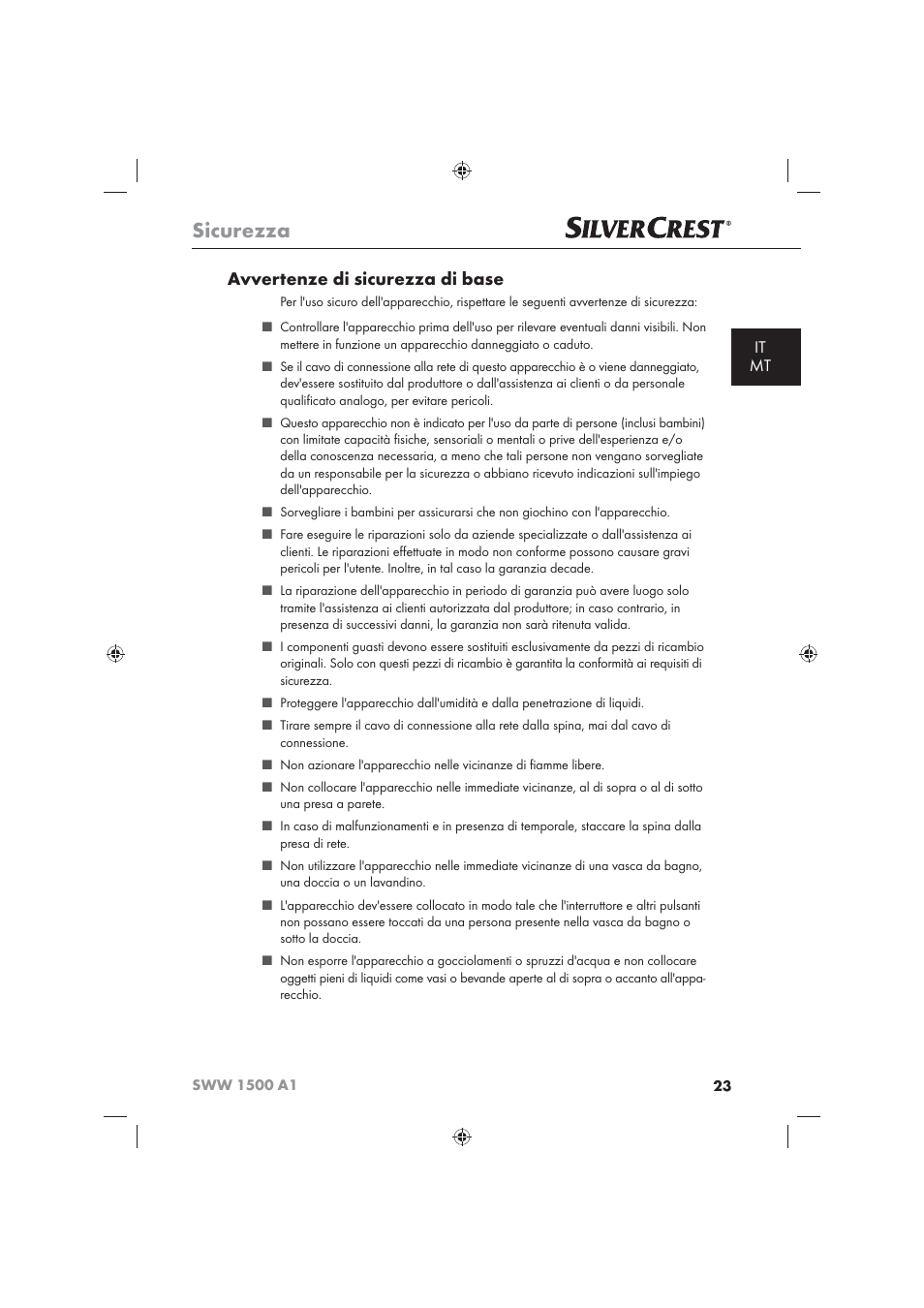 Sicurezza, Avvertenze di sicurezza di base, It mt | Silvercrest SWW 1500 A1 User Manual | Page 25 / 92