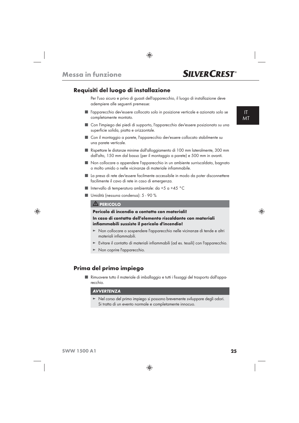 Messa in funzione, Requisiti del luogo di installazione, Prima del primo impiego | It mt | Silvercrest SWW 1500 A1 User Manual | Page 27 / 92