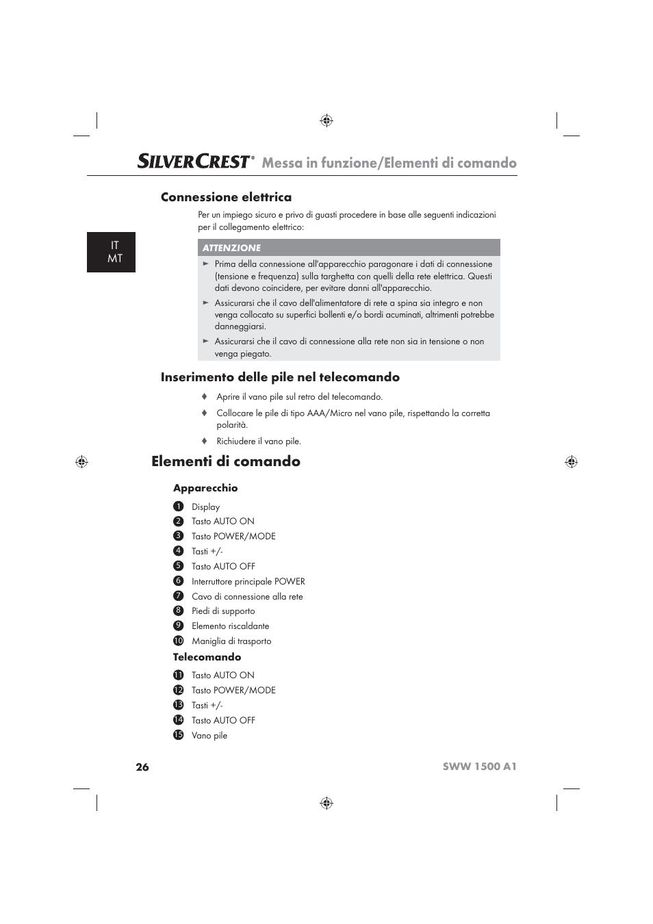 Messa in funzione/elementi di comando, Elementi di comando, Connessione elettrica | Inserimento delle pile nel telecomando, It mt | Silvercrest SWW 1500 A1 User Manual | Page 28 / 92