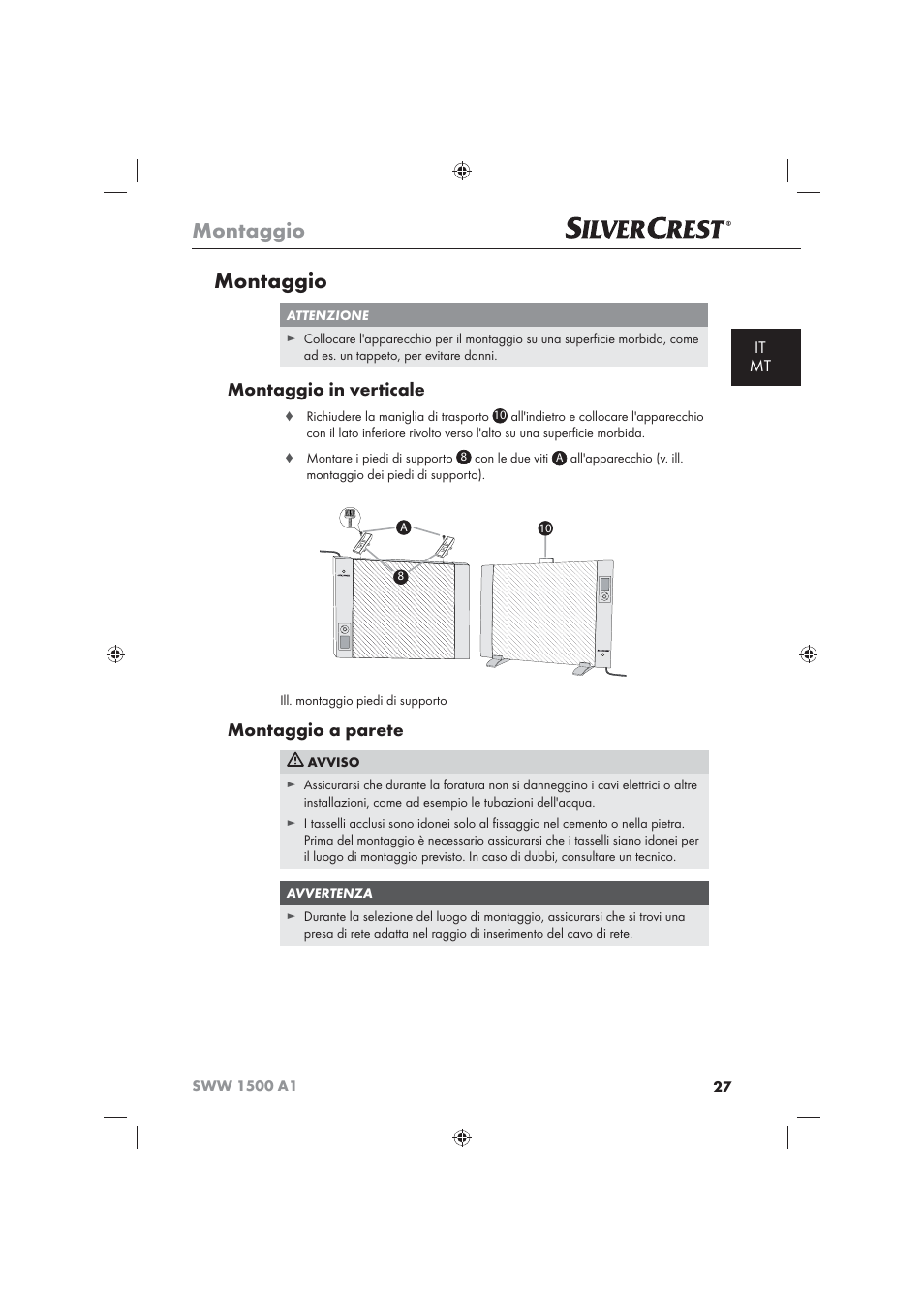 Montaggio, Montaggio in verticale, Montaggio a parete | It mt | Silvercrest SWW 1500 A1 User Manual | Page 29 / 92