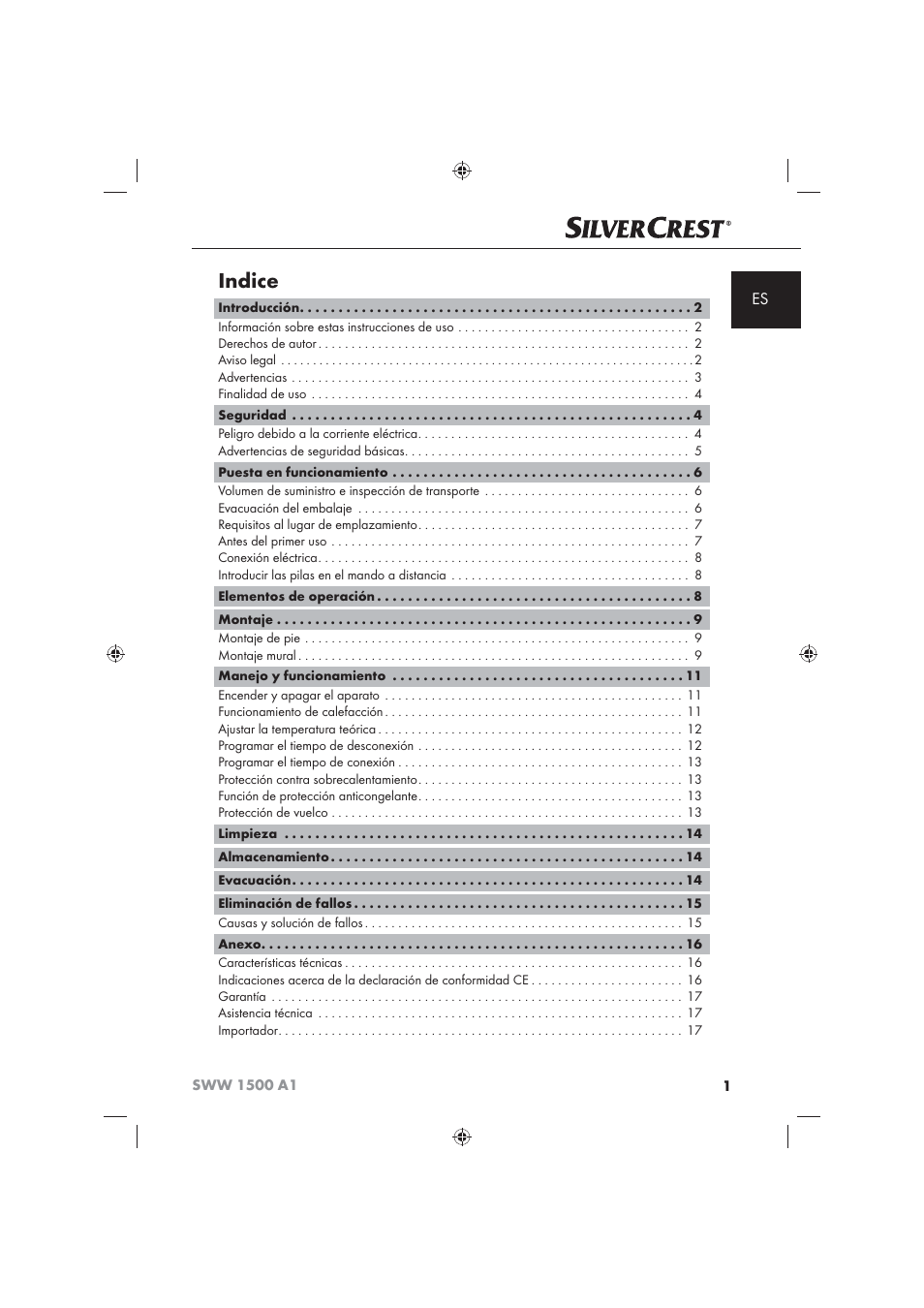 Indice | Silvercrest SWW 1500 A1 User Manual | Page 3 / 92