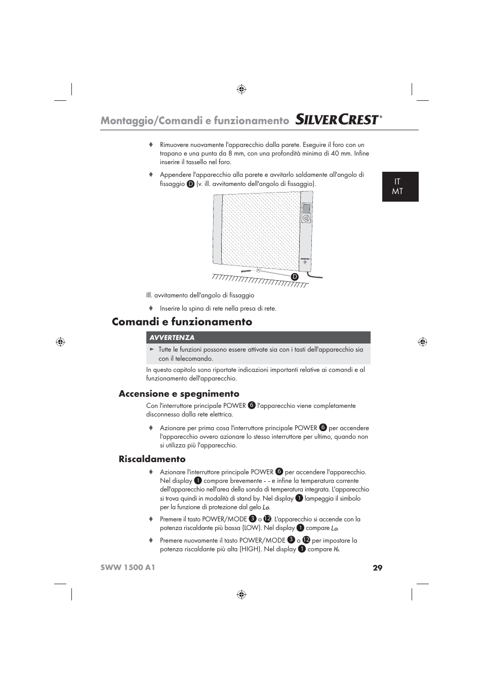 Montaggio/comandi e funzionamento, Comandi e funzionamento, Accensione e spegnimento | Riscaldamento, It mt | Silvercrest SWW 1500 A1 User Manual | Page 31 / 92