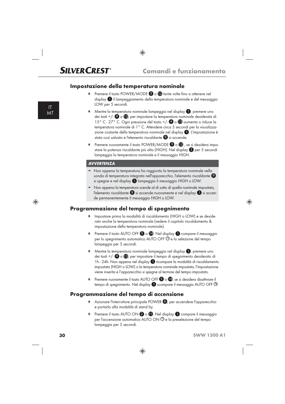 Comandi e funzionamento, Impostazione della temperatura nominale, Programmazione del tempo di spegnimento | Programmazione del tempo di accensione, It mt | Silvercrest SWW 1500 A1 User Manual | Page 32 / 92