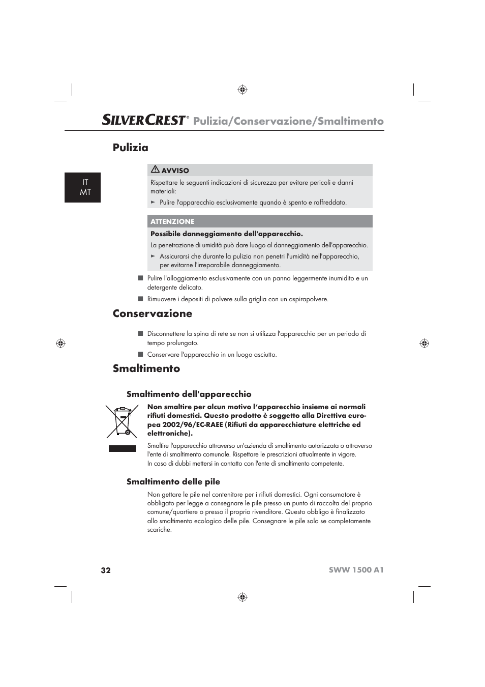 Pulizia/conservazione/smaltimento, Pulizia, Conservazione | Smaltimento, It mt, Smaltimento dell'apparecchio, Smaltimento delle pile | Silvercrest SWW 1500 A1 User Manual | Page 34 / 92