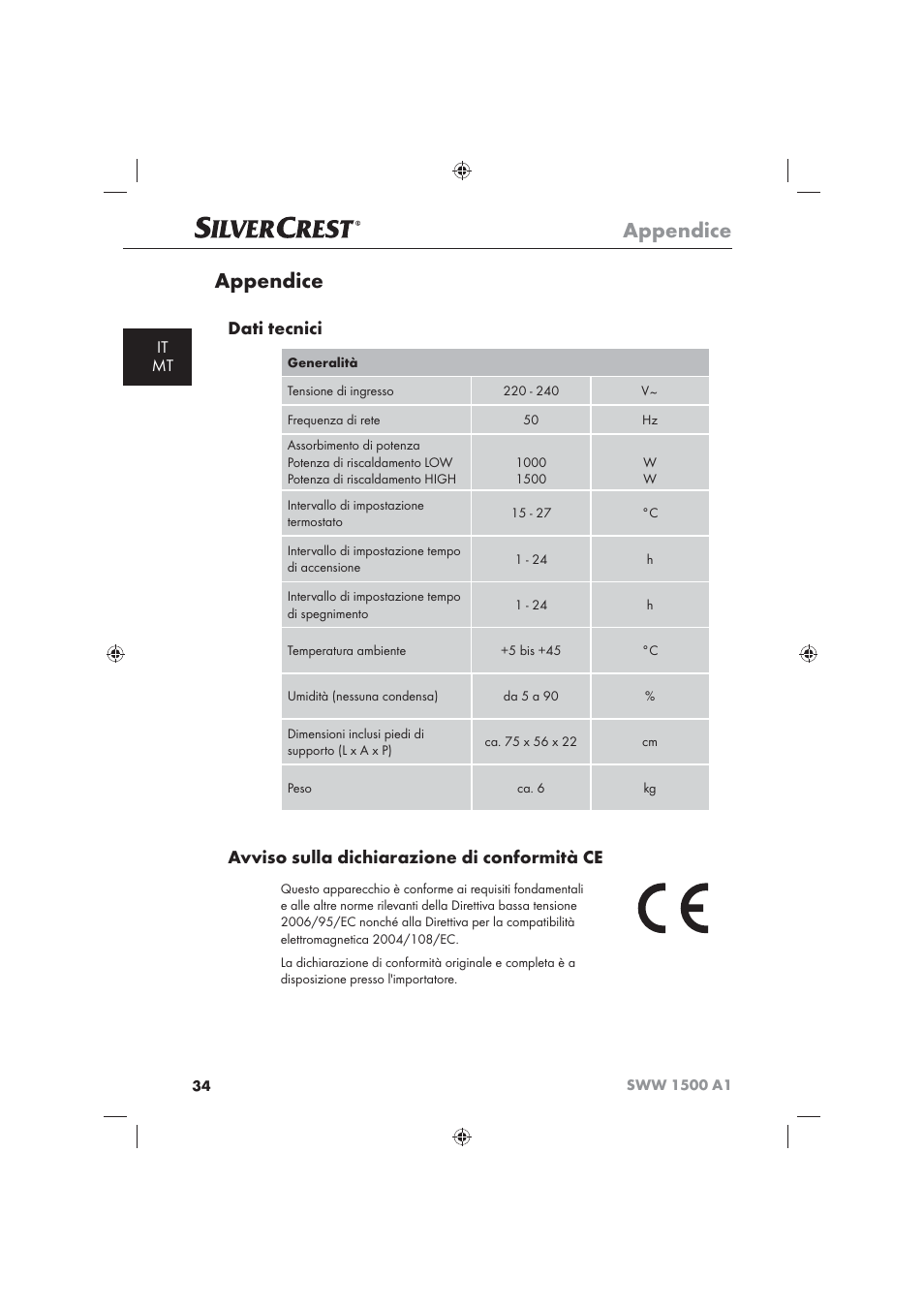 Appendice, Dati tecnici, Avviso sulla dichiarazione di conformità ce | It mt | Silvercrest SWW 1500 A1 User Manual | Page 36 / 92