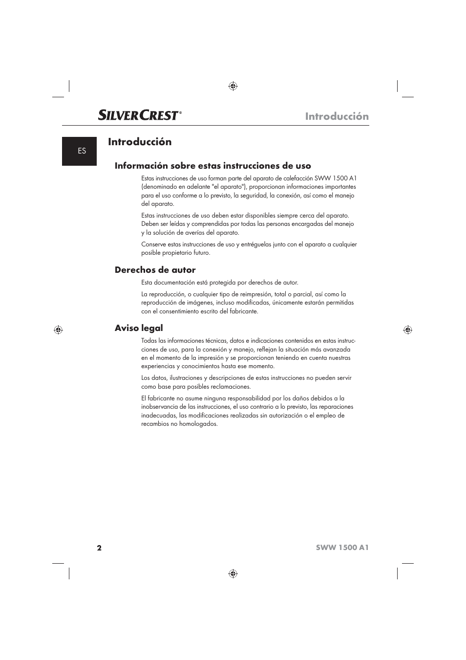 Introducción, Información sobre estas instrucciones de uso, Derechos de autor | Aviso legal | Silvercrest SWW 1500 A1 User Manual | Page 4 / 92