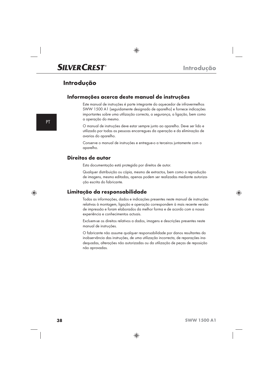 Introdução, Informações acerca deste manual de instruções, Direitos de autor | Limitação da responsabilidade | Silvercrest SWW 1500 A1 User Manual | Page 40 / 92