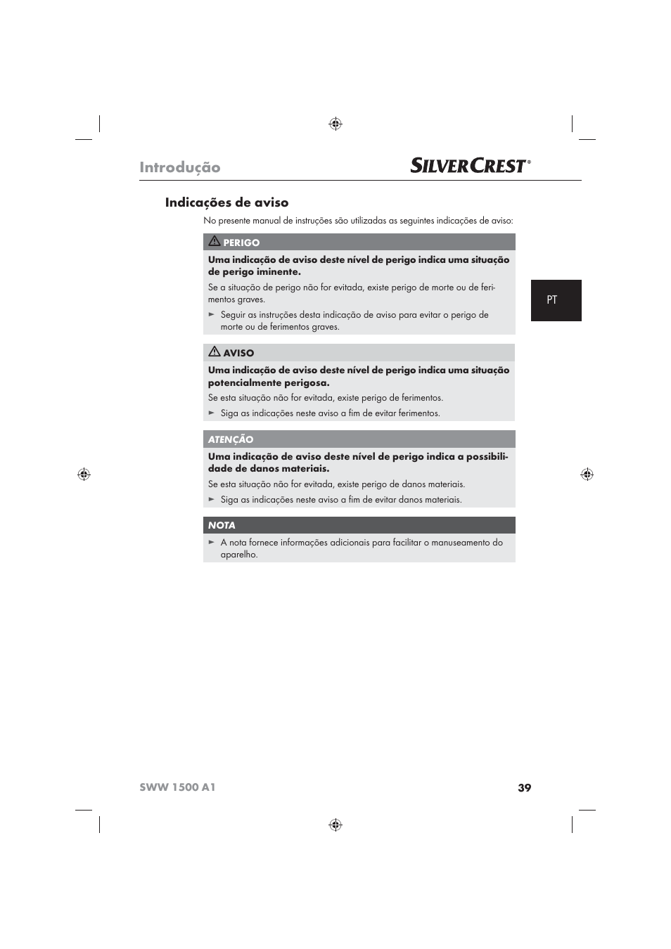 Introdução, Indicações de aviso | Silvercrest SWW 1500 A1 User Manual | Page 41 / 92