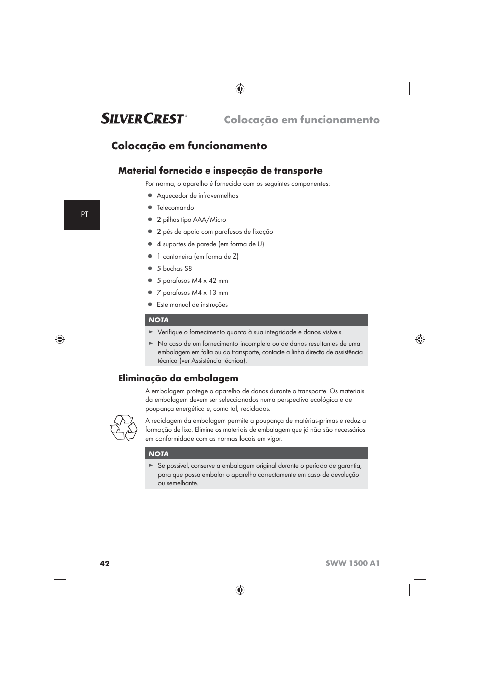 Colocação em funcionamento, Material fornecido e inspecção de transporte, Eliminação da embalagem | Silvercrest SWW 1500 A1 User Manual | Page 44 / 92