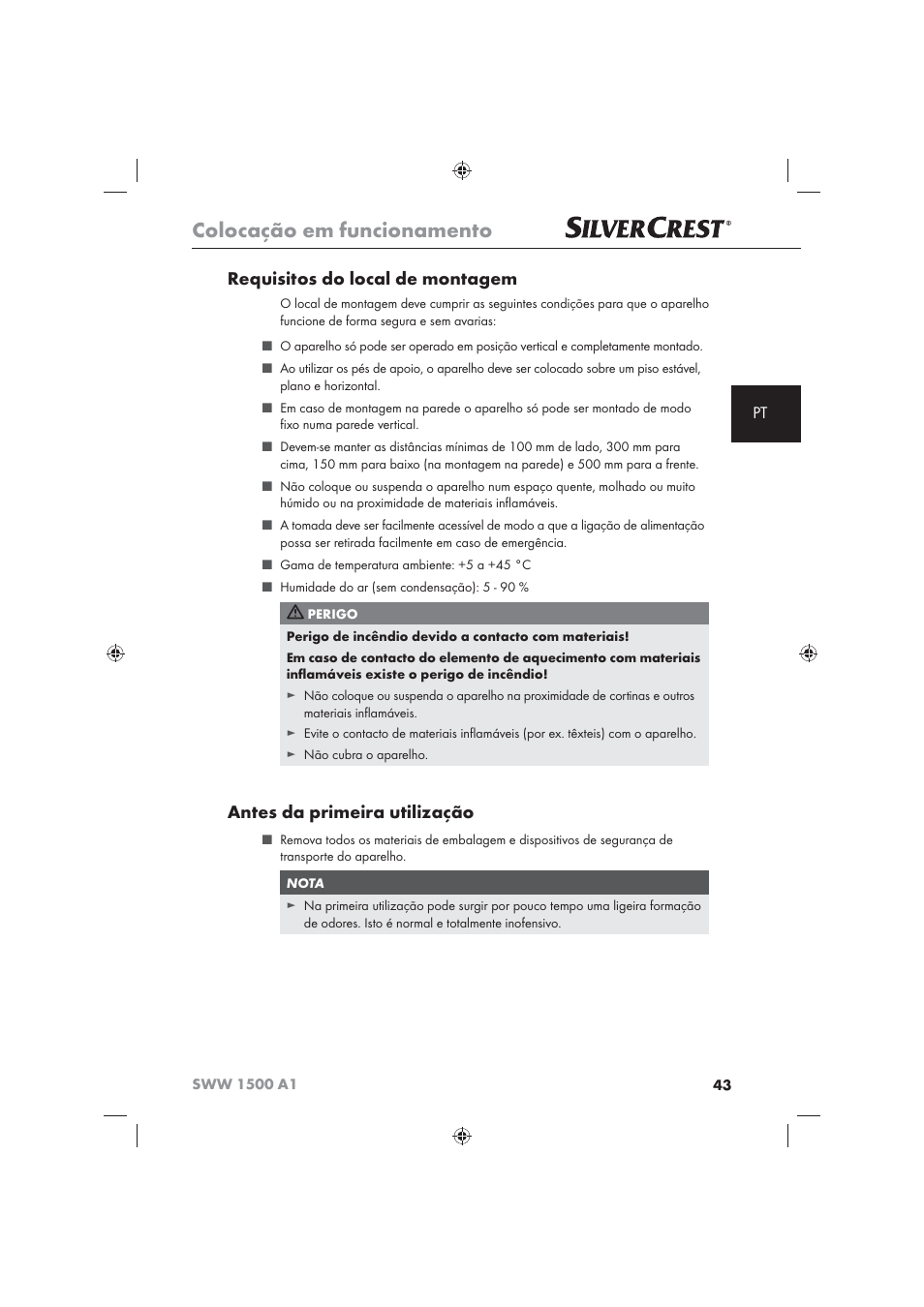 Colocação em funcionamento, Requisitos do local de montagem, Antes da primeira utilização | Silvercrest SWW 1500 A1 User Manual | Page 45 / 92