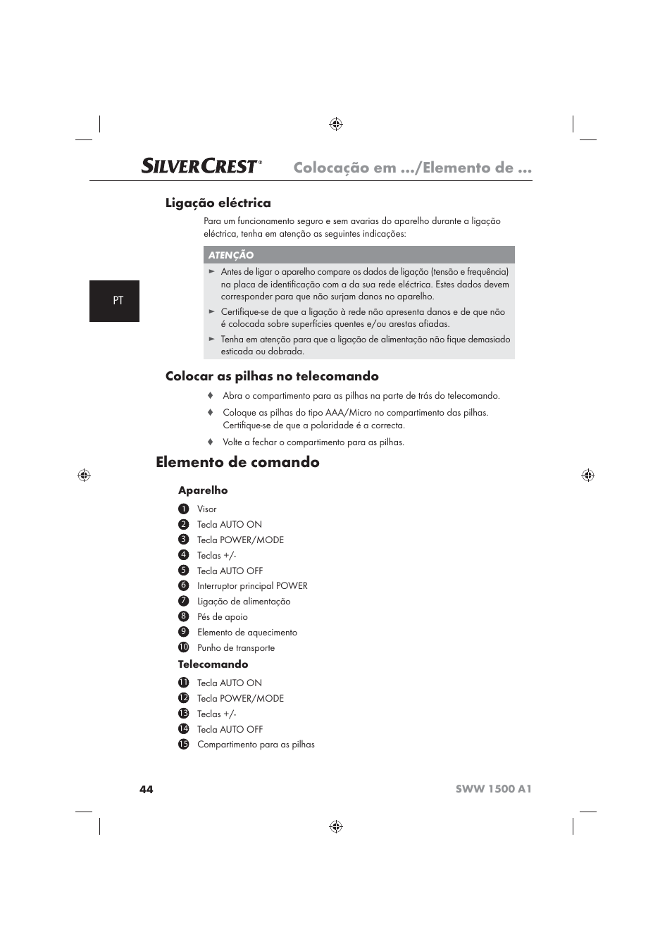 Colocação em …/elemento de, Elemento de comando, Ligação eléctrica | Colocar as pilhas no telecomando | Silvercrest SWW 1500 A1 User Manual | Page 46 / 92