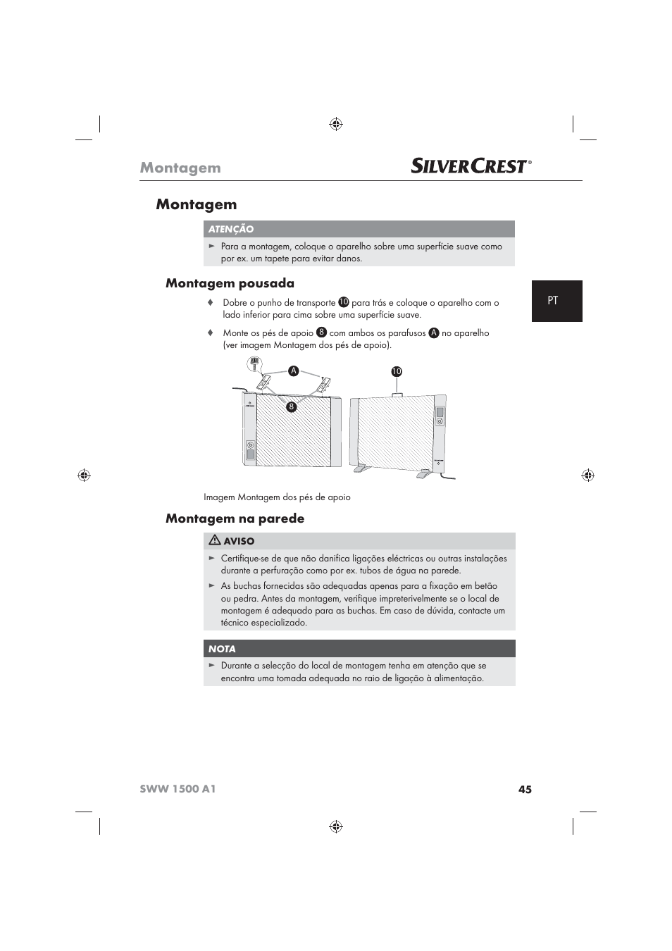 Montagem, Montagem pousada, Montagem na parede | Silvercrest SWW 1500 A1 User Manual | Page 47 / 92
