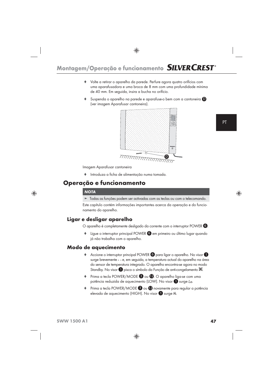 Montagem/operação e funcionamento, Operação e funcionamento, Ligar e desligar aparelho | Modo de aquecimento | Silvercrest SWW 1500 A1 User Manual | Page 49 / 92