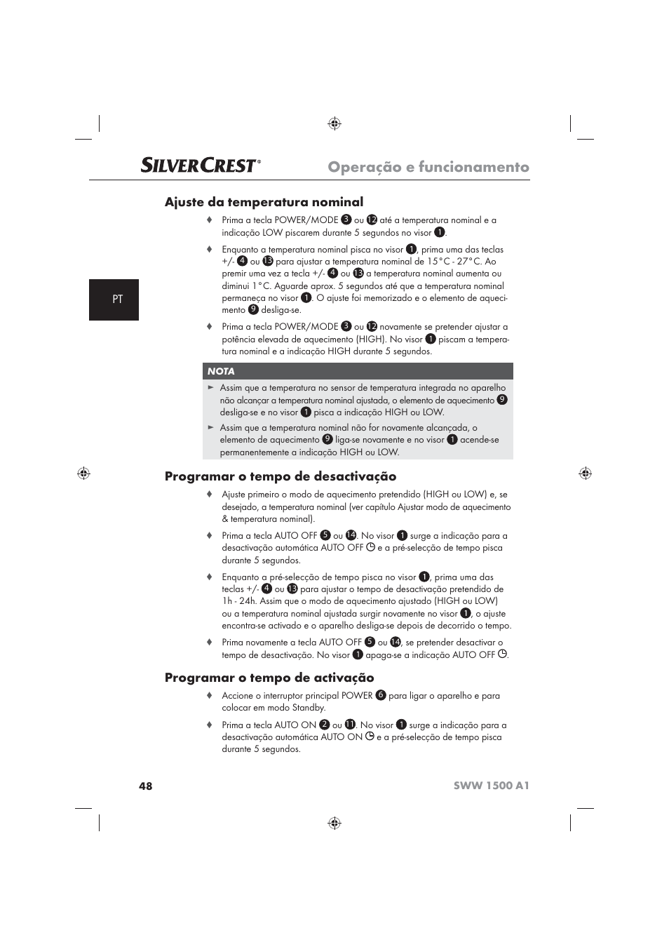 Operação e funcionamento, Ajuste da temperatura nominal, Programar o tempo de desactivação | Programar o tempo de activação | Silvercrest SWW 1500 A1 User Manual | Page 50 / 92