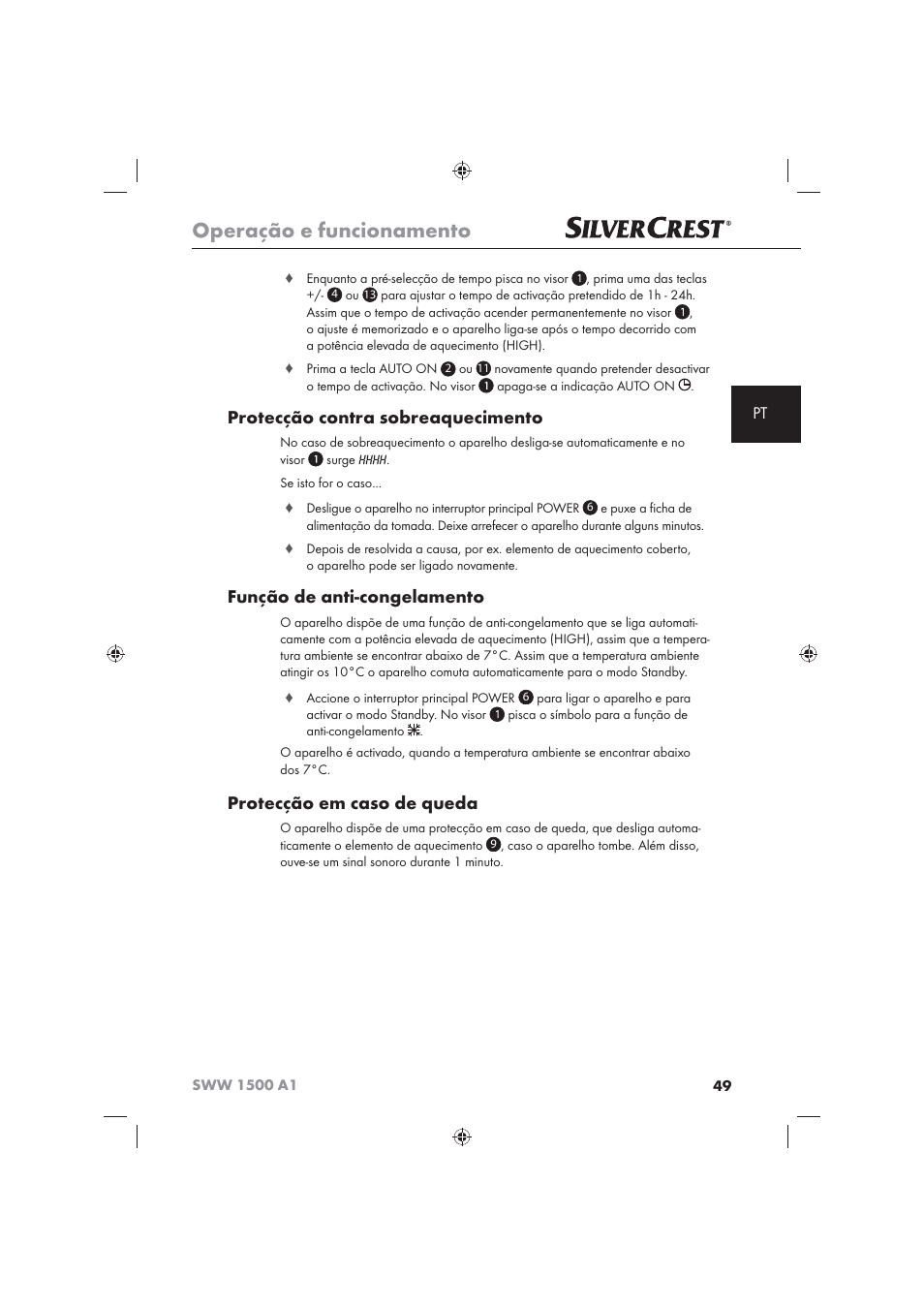 Operação e funcionamento, Protecção contra sobreaquecimento, Função de anti-congelamento | Protecção em caso de queda | Silvercrest SWW 1500 A1 User Manual | Page 51 / 92