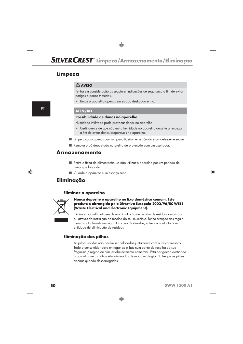 Limpeza/armazenamento/eliminação, Limpeza, Armazenamento | Eliminação, Eliminar o aparelho, Eliminação das pilhas | Silvercrest SWW 1500 A1 User Manual | Page 52 / 92