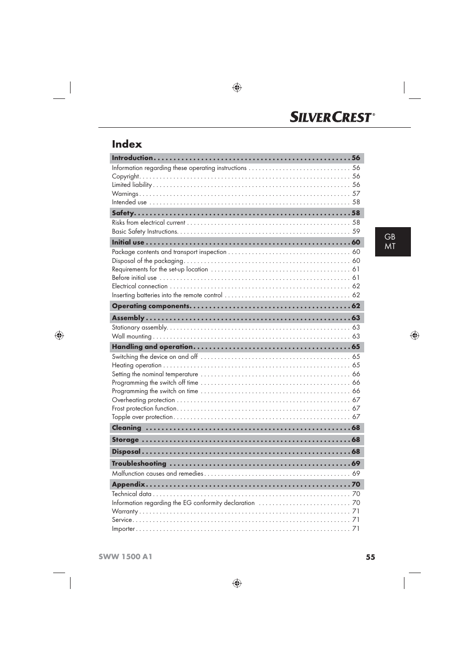 Index, Gb mt | Silvercrest SWW 1500 A1 User Manual | Page 57 / 92