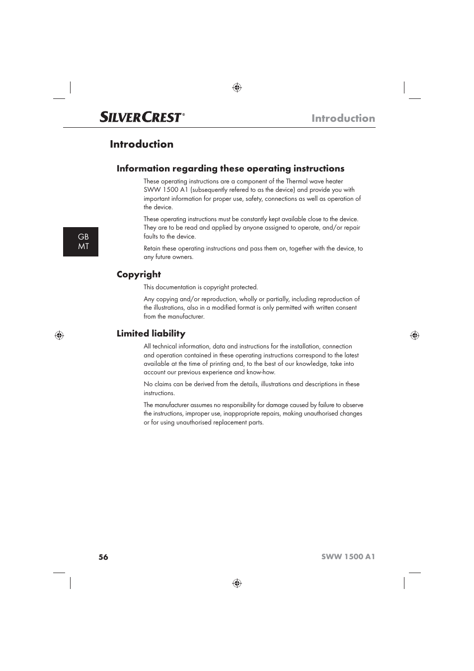 Introduction, Information regarding these operating instructions, Copyright | Limited liability, Gb mt | Silvercrest SWW 1500 A1 User Manual | Page 58 / 92