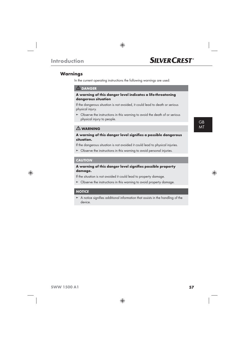 Introduction, Warnings, Gb mt | Silvercrest SWW 1500 A1 User Manual | Page 59 / 92