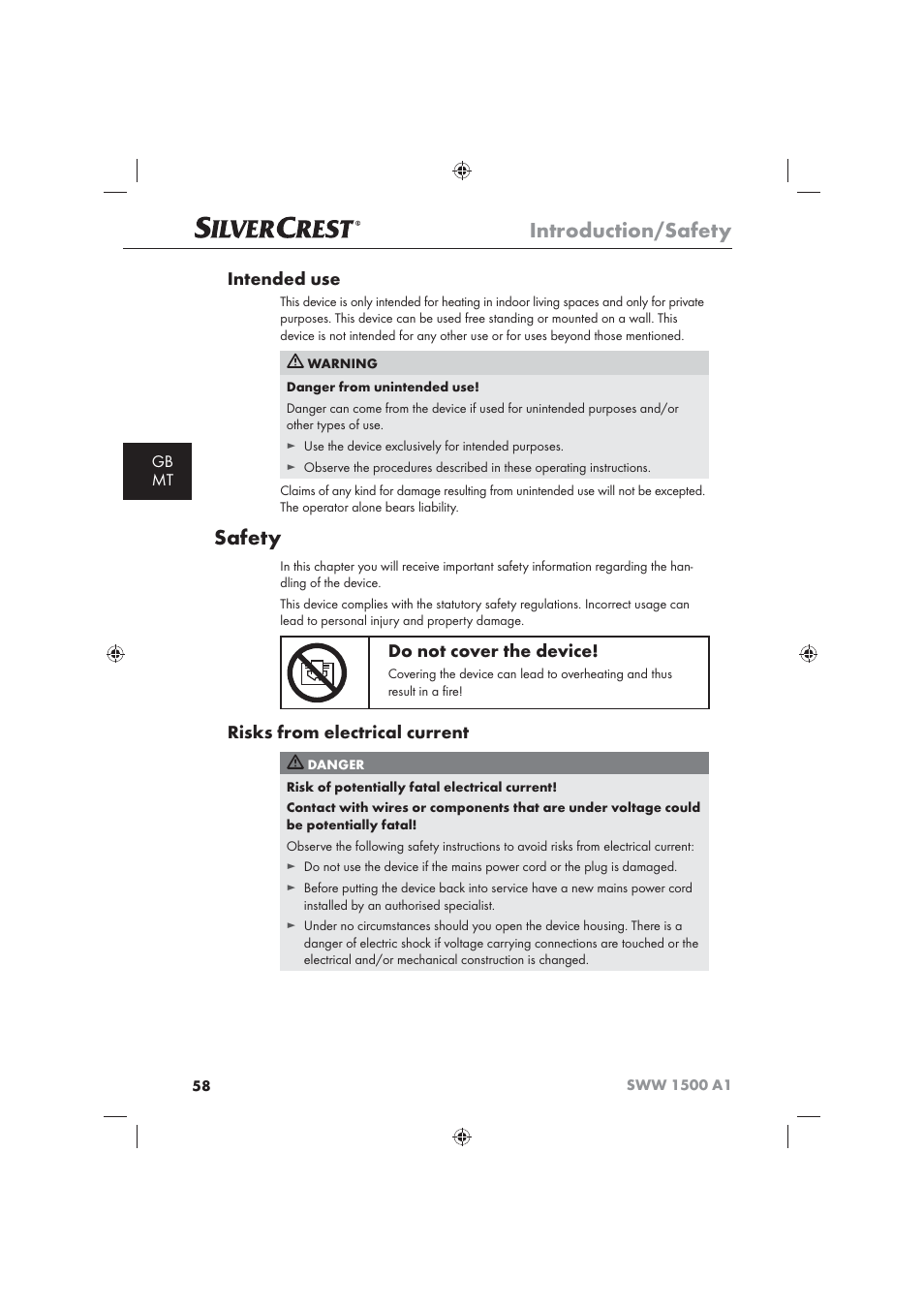 Introduction/safety, Safety, Intended use | Do not cover the device, Risks from electrical current, Gb mt | Silvercrest SWW 1500 A1 User Manual | Page 60 / 92