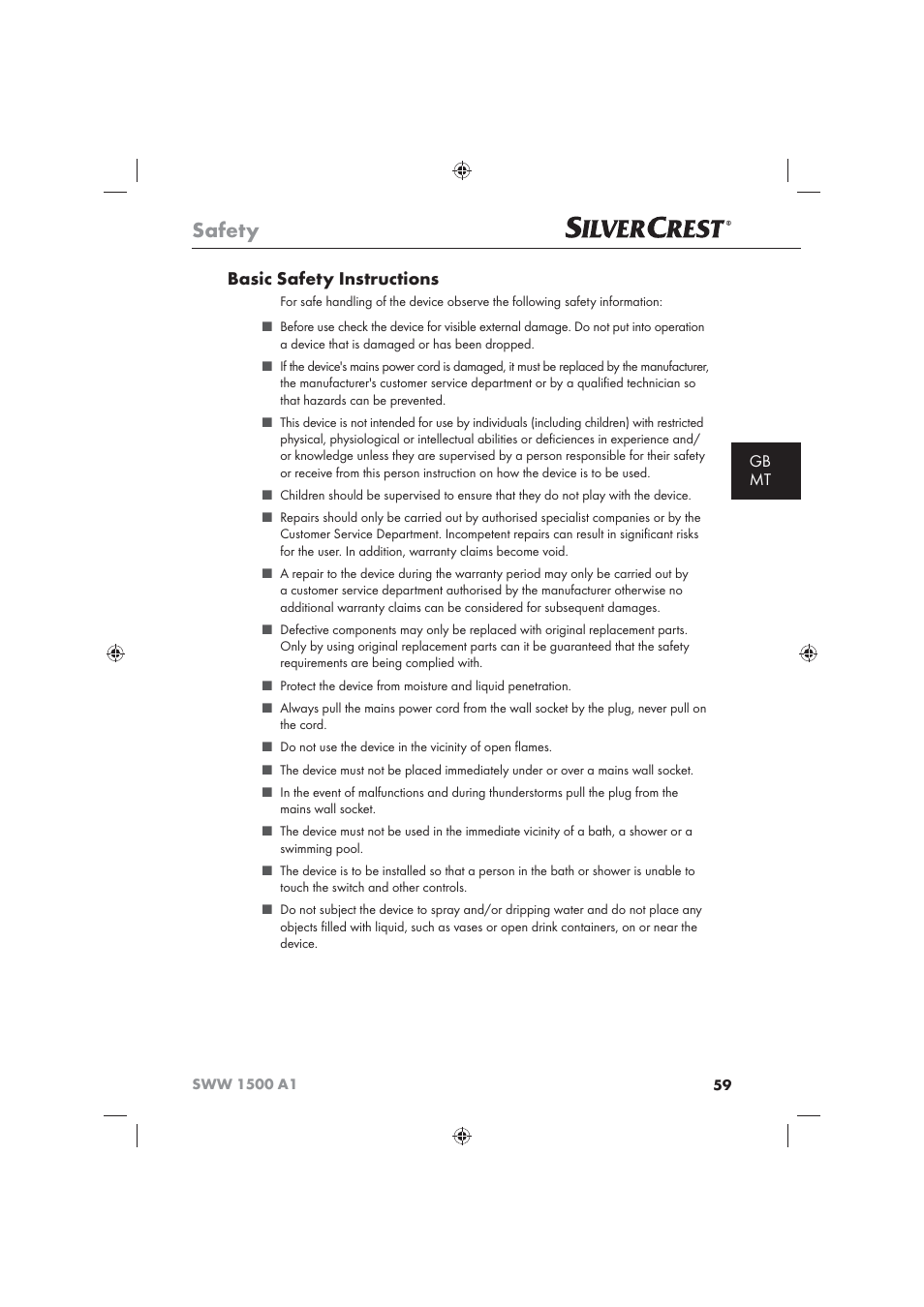 Safety, Basic safety instructions, Gb mt | Silvercrest SWW 1500 A1 User Manual | Page 61 / 92