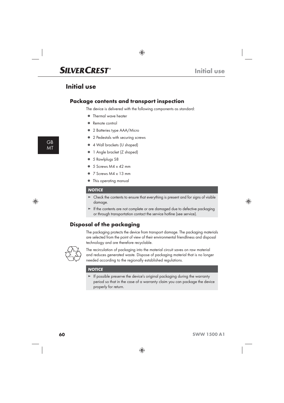 Initial use, Package contents and transport inspection, Disposal of the packaging | Gb mt | Silvercrest SWW 1500 A1 User Manual | Page 62 / 92