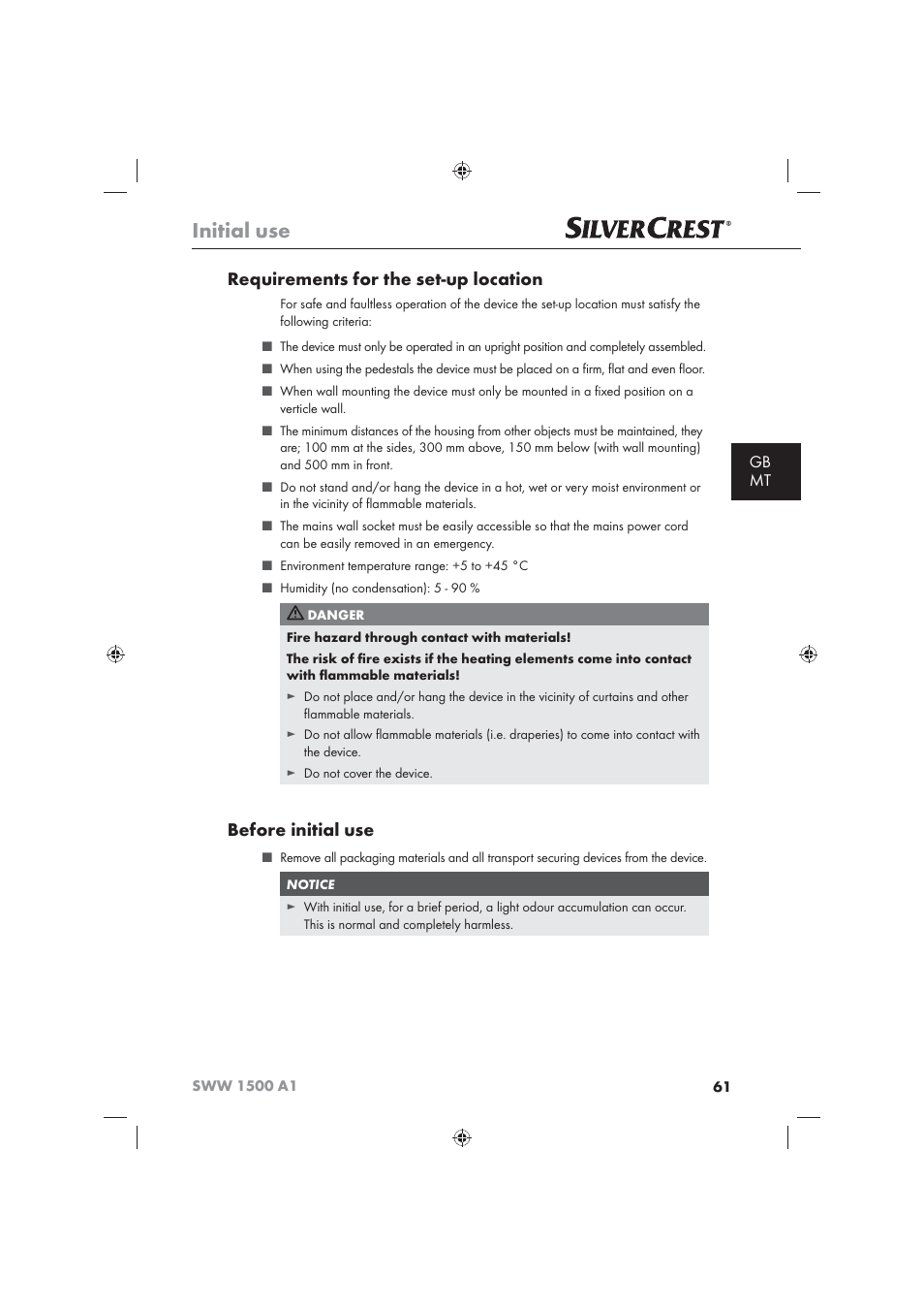 Initial use, Requirements for the set-up location, Before initial use | Gb mt | Silvercrest SWW 1500 A1 User Manual | Page 63 / 92