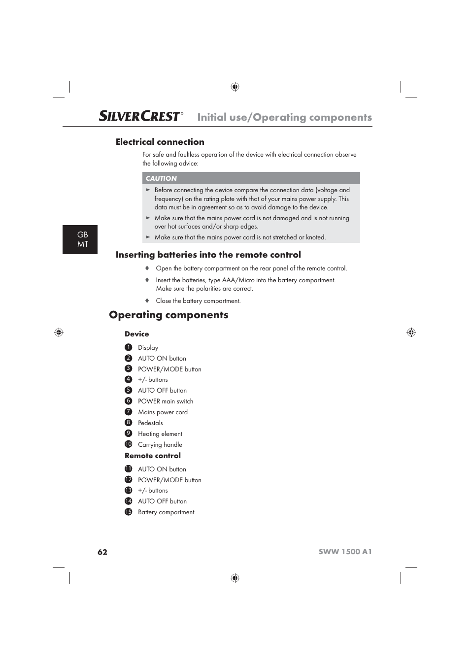 Initial use/operating components, Operating components, Electrical connection | Inserting batteries into the remote control, Gb mt | Silvercrest SWW 1500 A1 User Manual | Page 64 / 92