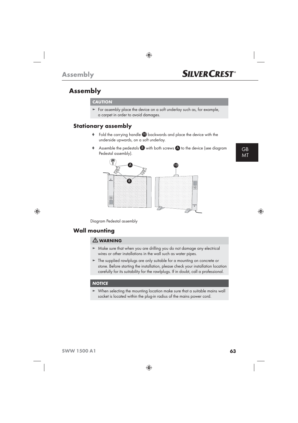 Assembly, Stationary assembly, Wall mounting | Gb mt | Silvercrest SWW 1500 A1 User Manual | Page 65 / 92