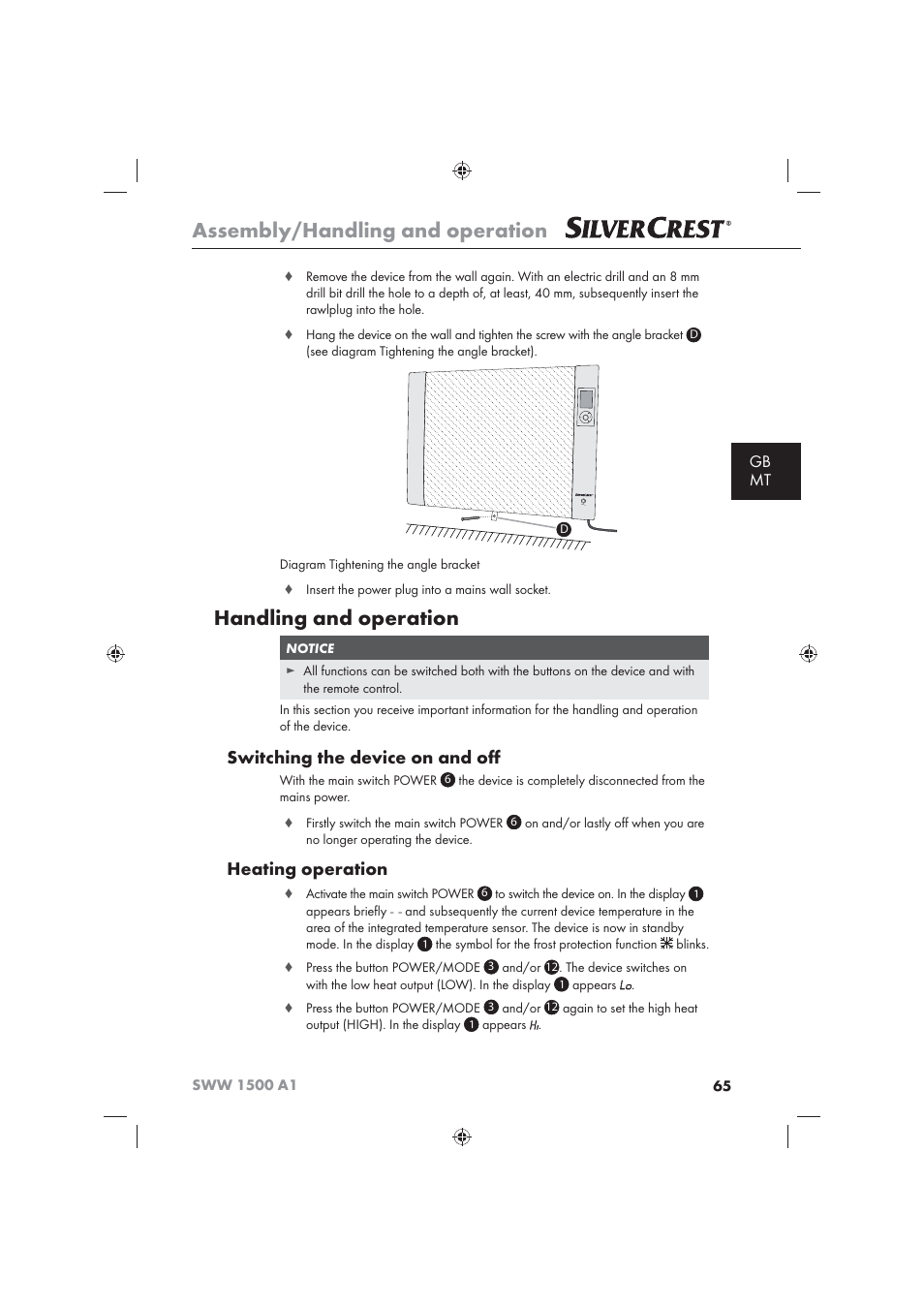 Assembly/handling and operation, Handling and operation, Switching the device on and oﬀ | Heating operation, Gb mt | Silvercrest SWW 1500 A1 User Manual | Page 67 / 92