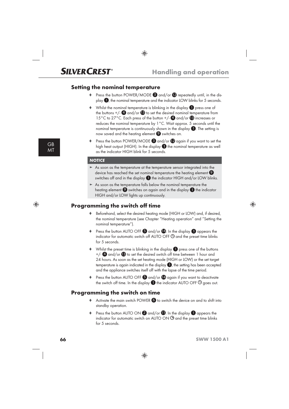 Handling and operation, Setting the nominal temperature, Programming the switch oﬀ time | Programming the switch on time, Gb mt | Silvercrest SWW 1500 A1 User Manual | Page 68 / 92