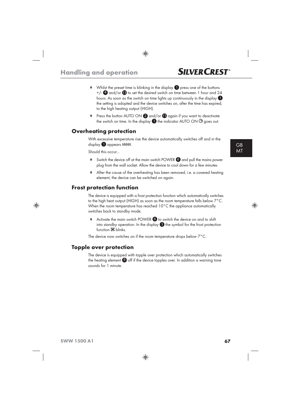 Handling and operation, Overheating protection, Frost protection function | Topple over protection, Gb mt | Silvercrest SWW 1500 A1 User Manual | Page 69 / 92