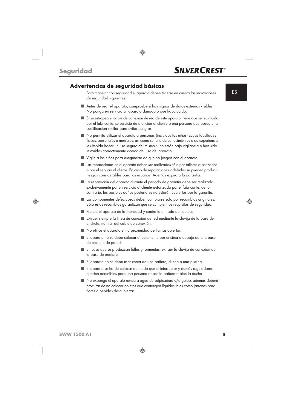 Seguridad, Advertencias de seguridad básicas | Silvercrest SWW 1500 A1 User Manual | Page 7 / 92