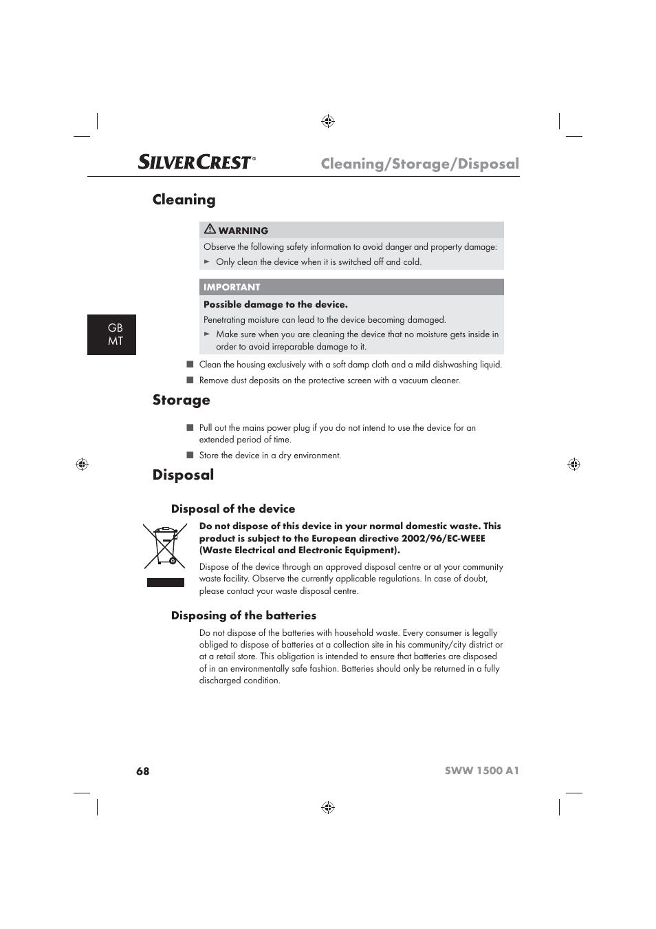 Cleaning/storage/disposal, Cleaning, Storage | Disposal, Gb mt, Disposal of the device, Disposing of the batteries | Silvercrest SWW 1500 A1 User Manual | Page 70 / 92