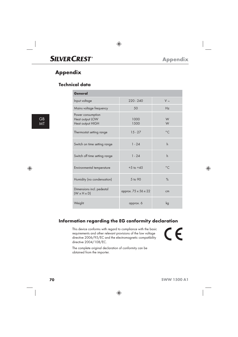 Appendix, Technical data, Gb mt | Silvercrest SWW 1500 A1 User Manual | Page 72 / 92