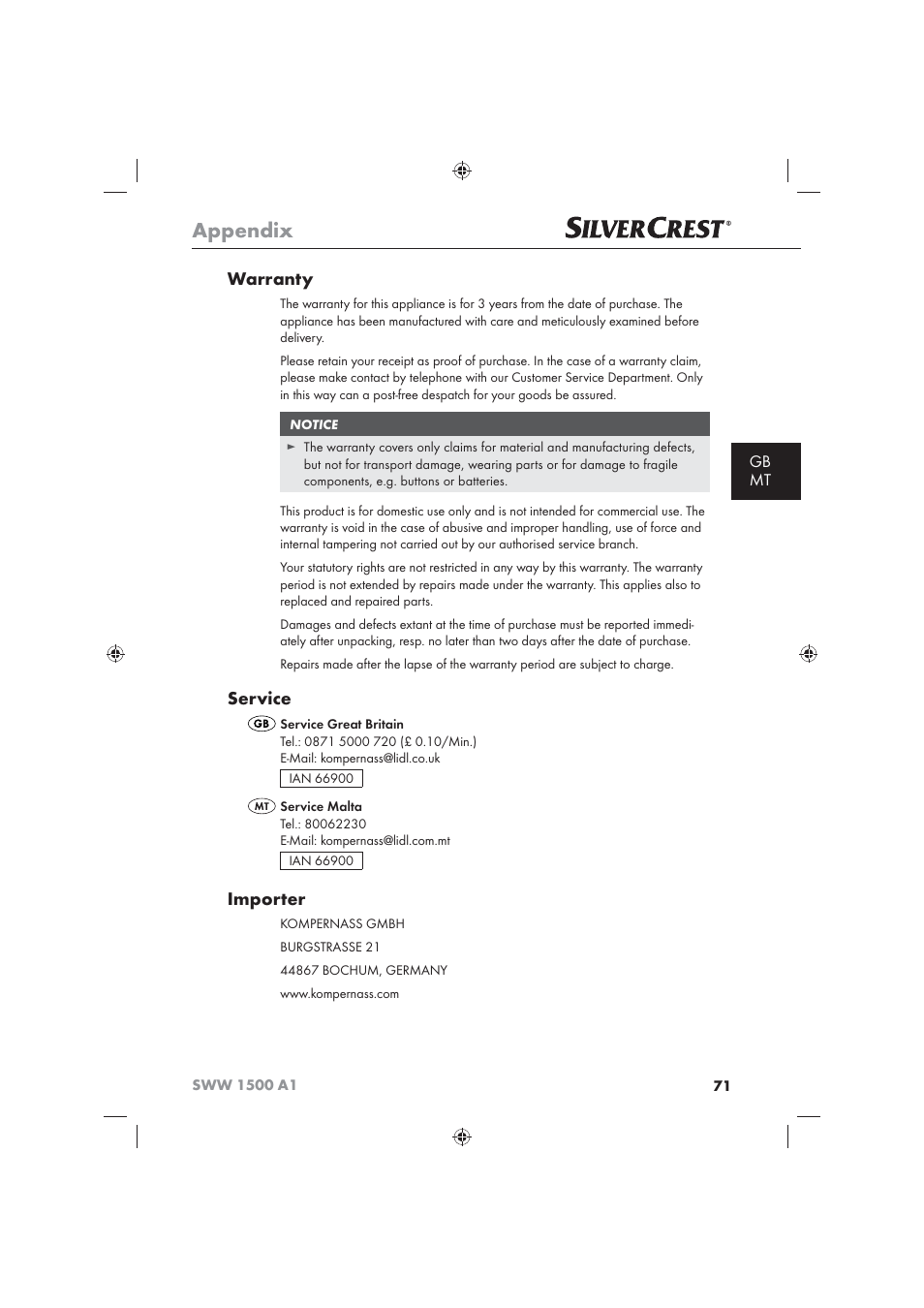 Appendix, Warranty, Service | Importer, Gb mt | Silvercrest SWW 1500 A1 User Manual | Page 73 / 92