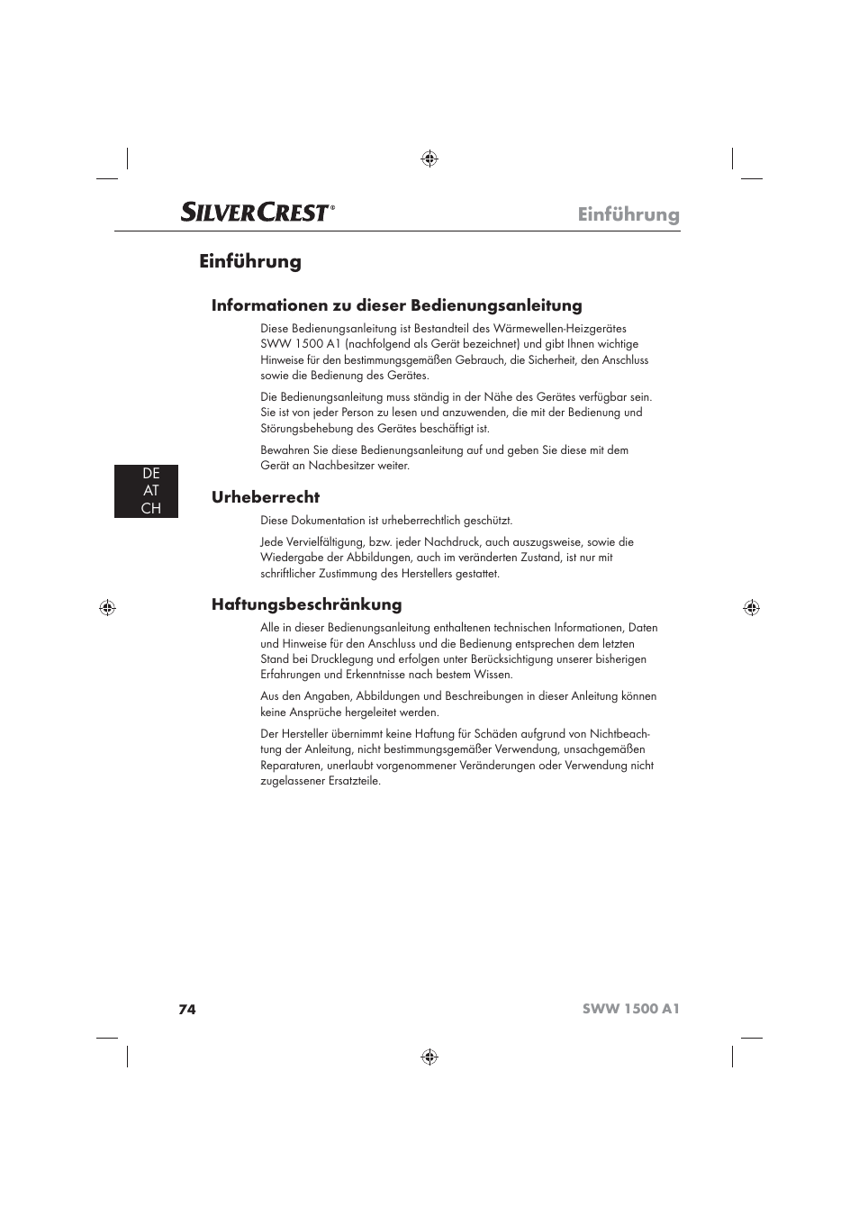 Einführung, Informationen zu dieser bedienungsanleitung, Urheberrecht | Haftungsbeschränkung, De at ch | Silvercrest SWW 1500 A1 User Manual | Page 76 / 92