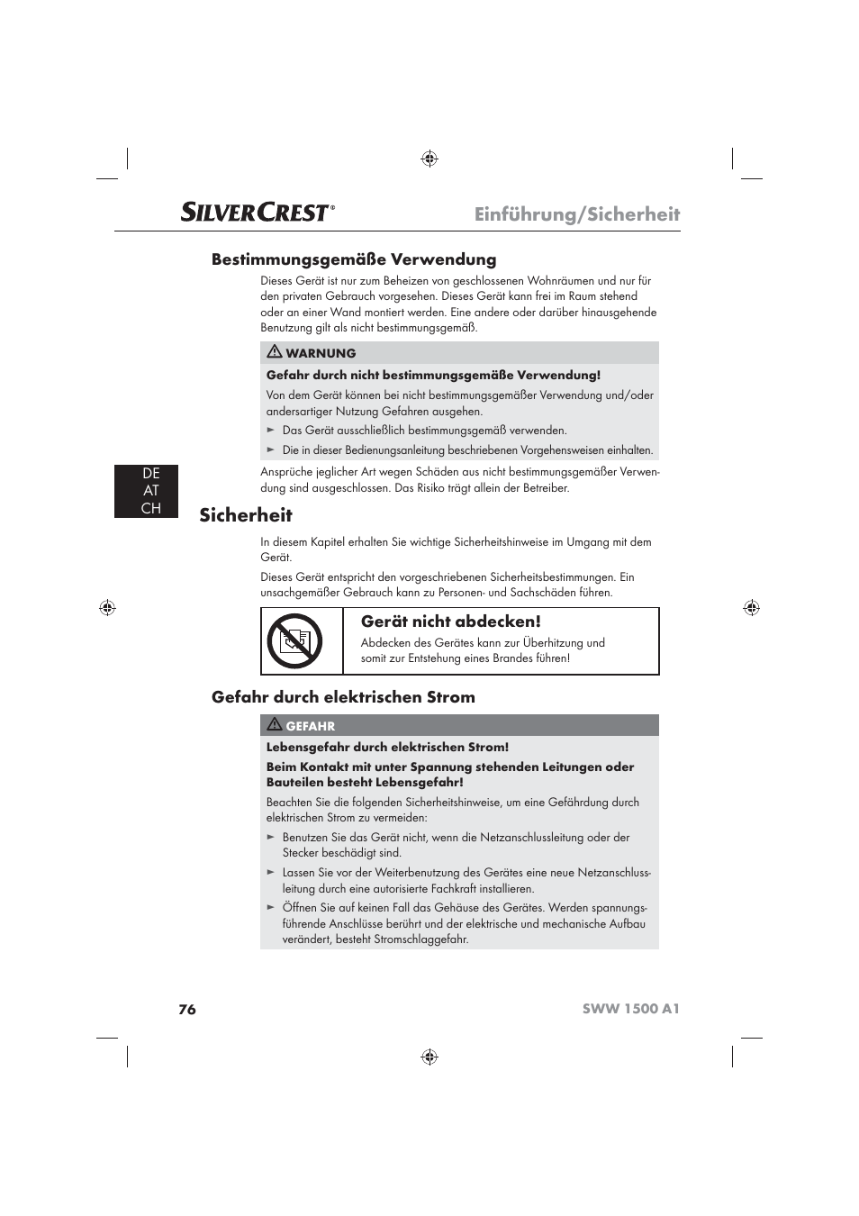 Einführung/sicherheit, Sicherheit, Bestimmungsgemäße verwendung | Gerät nicht abdecken, Gefahr durch elektrischen strom, De at ch | Silvercrest SWW 1500 A1 User Manual | Page 78 / 92