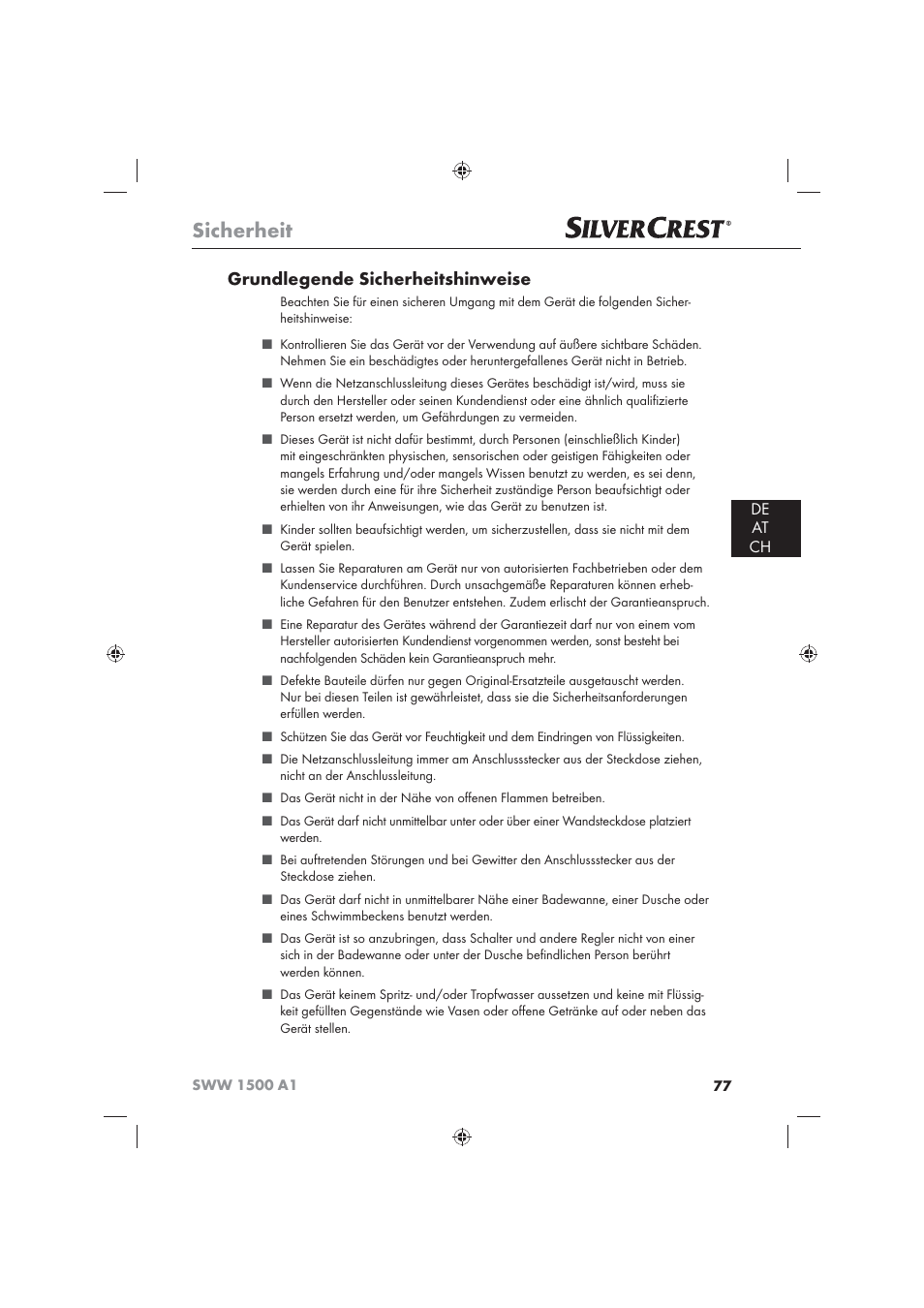 Sicherheit, Grundlegende sicherheitshinweise, De at ch | Silvercrest SWW 1500 A1 User Manual | Page 79 / 92