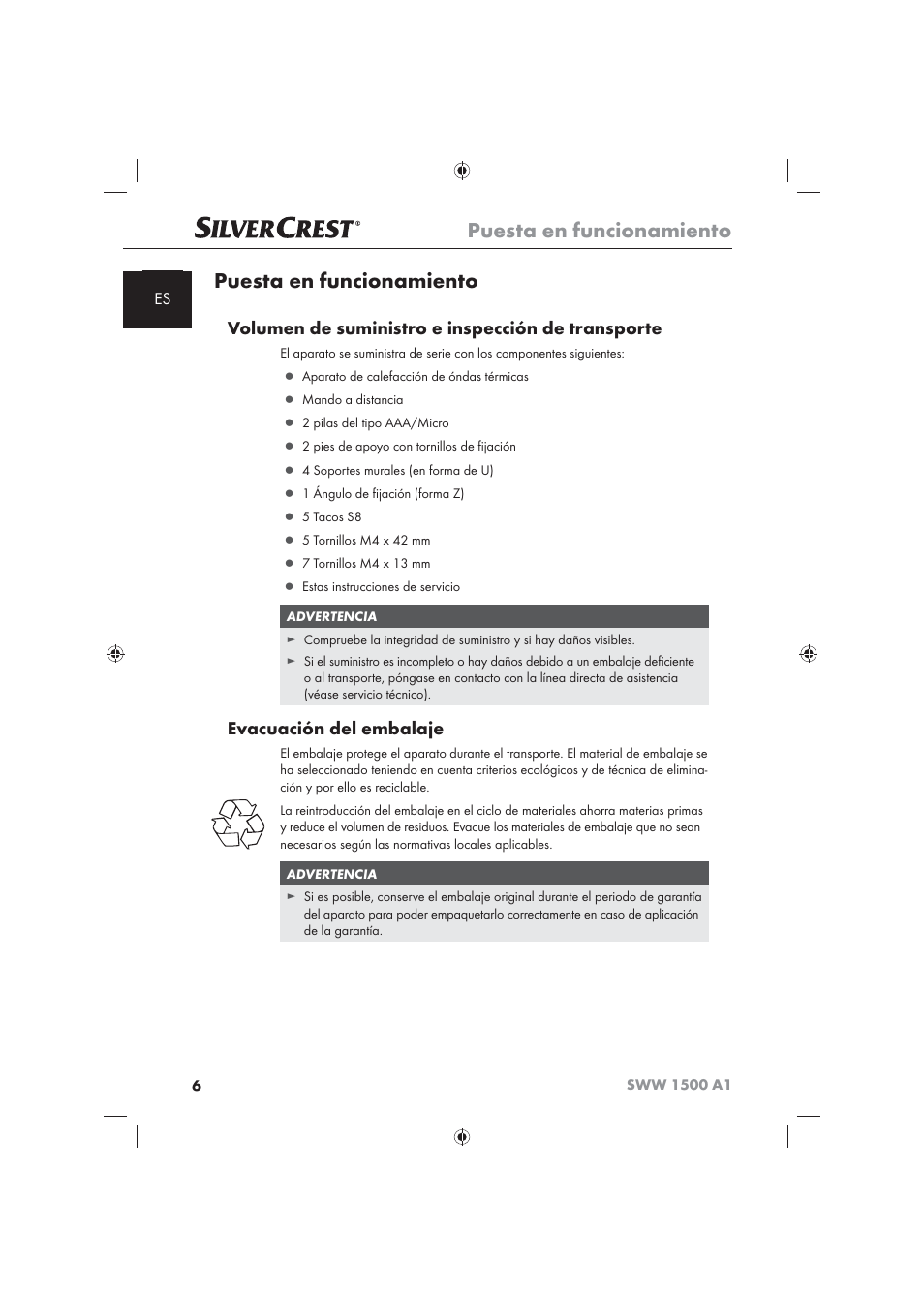 Puesta en funcionamiento, Volumen de suministro e inspección de transporte, Evacuación del embalaje | Silvercrest SWW 1500 A1 User Manual | Page 8 / 92