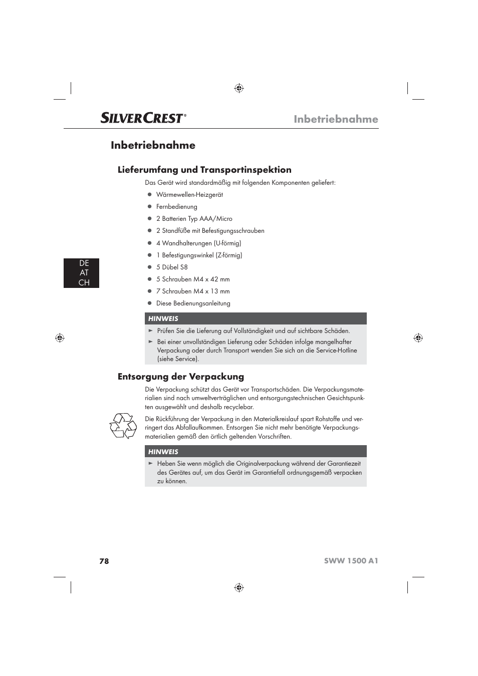 Inbetriebnahme, Lieferumfang und transportinspektion, Entsorgung der verpackung | De at ch | Silvercrest SWW 1500 A1 User Manual | Page 80 / 92