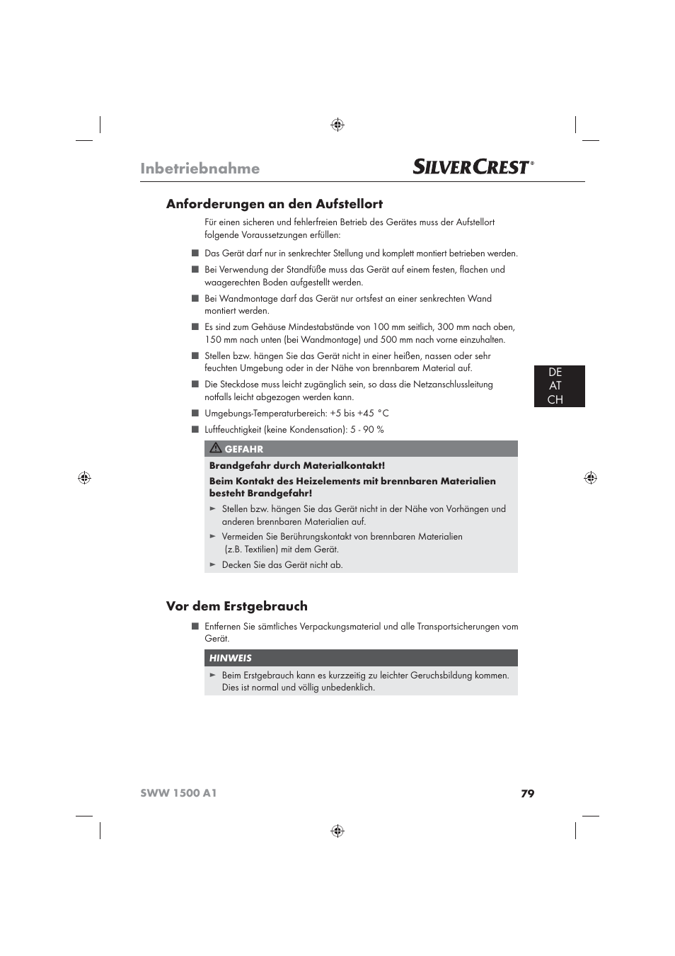 Inbetriebnahme, Anforderungen an den aufstellort, Vor dem erstgebrauch | De at ch | Silvercrest SWW 1500 A1 User Manual | Page 81 / 92