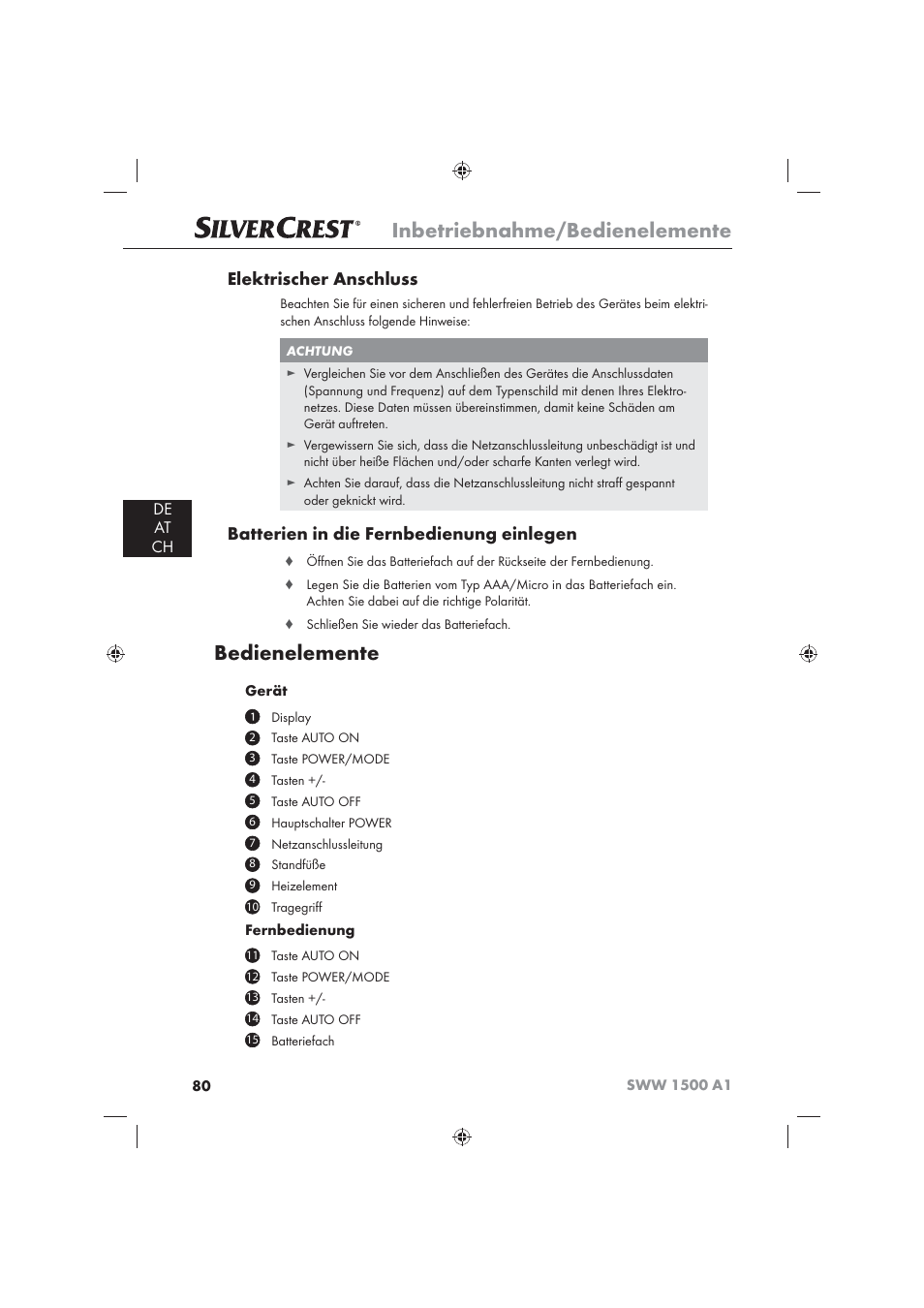 Inbetriebnahme/bedienelemente, Bedienelemente, Elektrischer anschluss | Batterien in die fernbedienung einlegen, De at ch | Silvercrest SWW 1500 A1 User Manual | Page 82 / 92