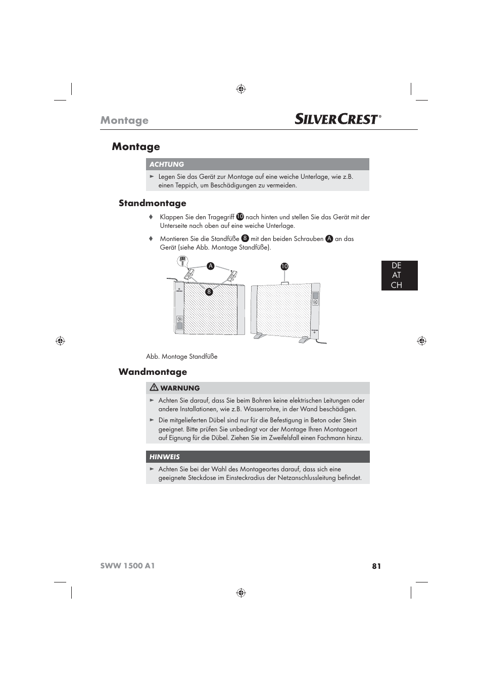 Montage, Standmontage, Wandmontage | De at ch | Silvercrest SWW 1500 A1 User Manual | Page 83 / 92