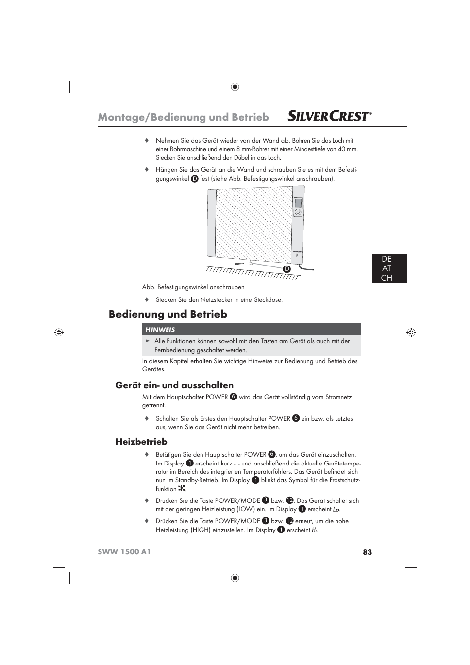 Montage/bedienung und betrieb, Bedienung und betrieb, Gerät ein- und ausschalten | Heizbetrieb, De at ch | Silvercrest SWW 1500 A1 User Manual | Page 85 / 92