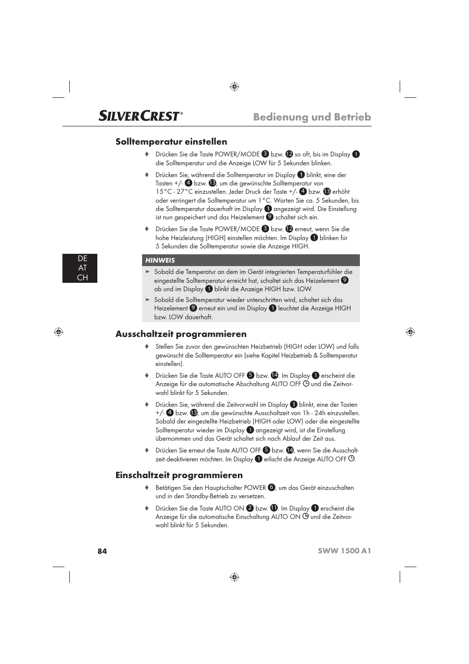 Bedienung und betrieb, Solltemperatur einstellen, Ausschaltzeit programmieren | Einschaltzeit programmieren, De at ch | Silvercrest SWW 1500 A1 User Manual | Page 86 / 92