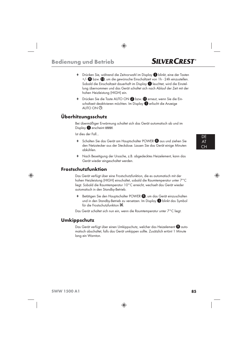 Bedienung und betrieb, Überhitzungsschutz, Frostschutzfunktion | Umkippschutz, De at ch | Silvercrest SWW 1500 A1 User Manual | Page 87 / 92